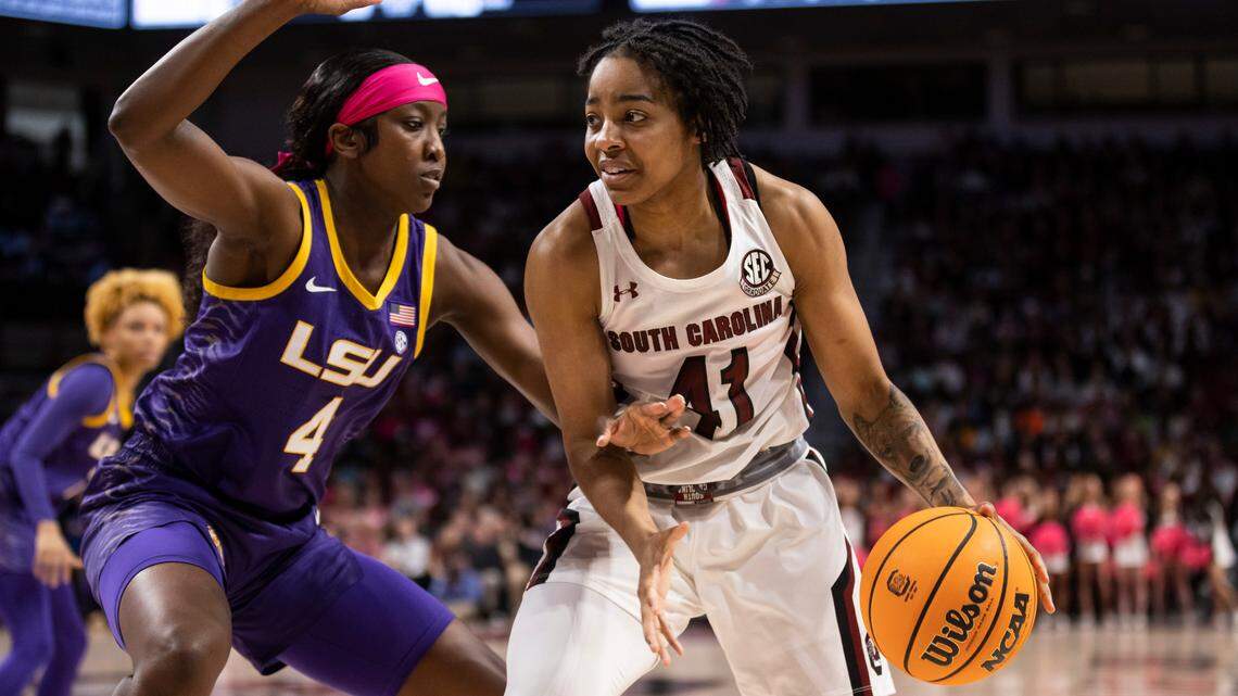 LSU Tigers guard Flau’jae Johnson (4) defends South Carolina Gamecocks guard Kierra Fletcher (41) during South Carolina’s game against visiting LSU at Colonial Life Arena in Columbia on Sunday, February 12, 2023.