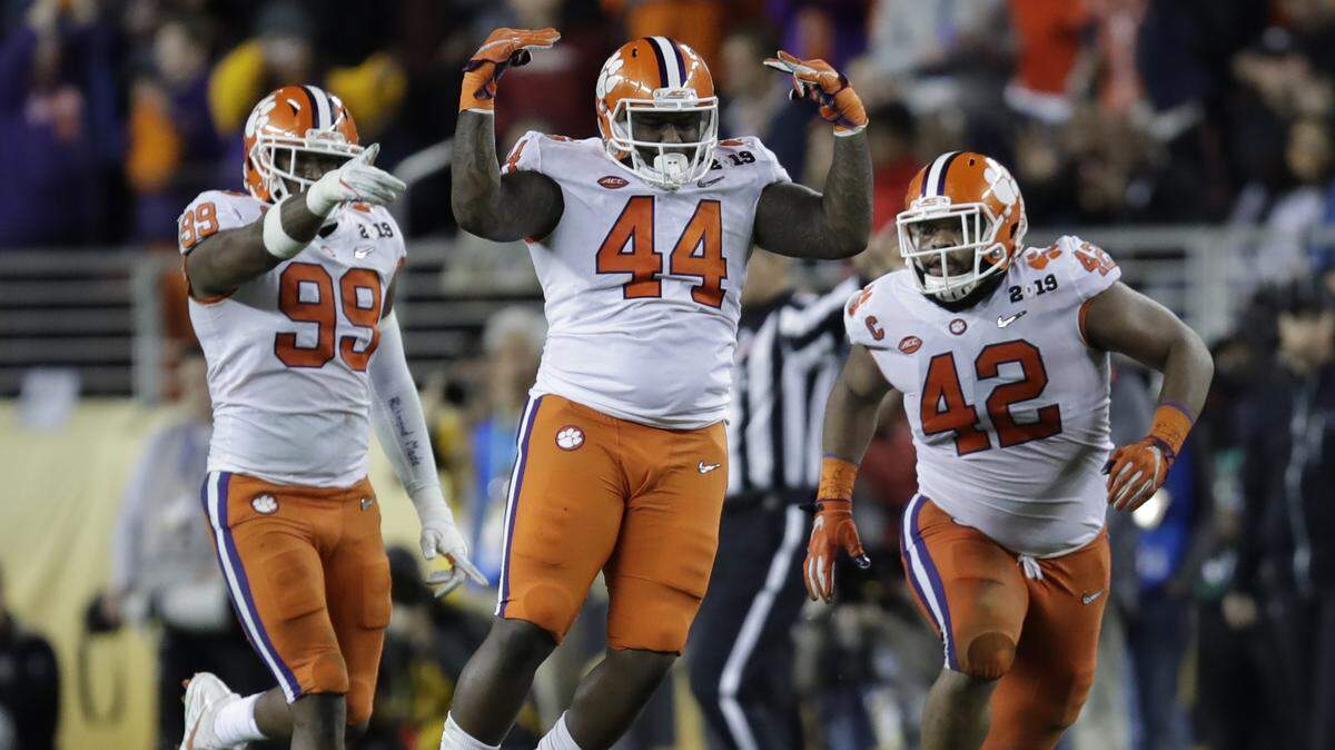 Clemson’s Nyles Pinckney (44) reacts after stopping a fake field goal by Alabama during the second half of the NCAA college football playoff championship game, Monday, Jan. 7, 2019, in Santa Clara, Calif. (AP Photo/Ben Margot)