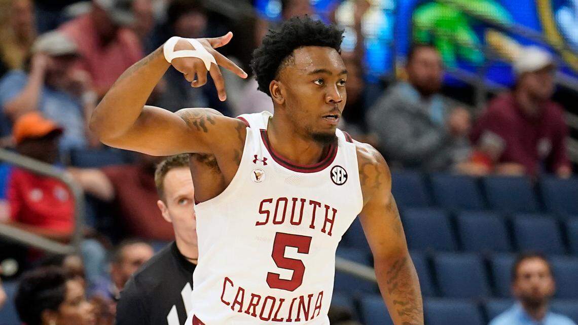 South Carolina guard Jermaine Couisnard reacts after making a 3-point basket against Mississippi State during the first half of an NCAA men’s college basketball game at the Southeastern Conference tournament in Tampa, Fla., Thursday, March 10, 2022. (AP Photo/Chris O’Meara)