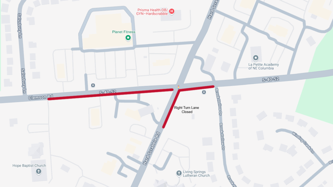 Clemson Road in Richland County will be affected by utility work.