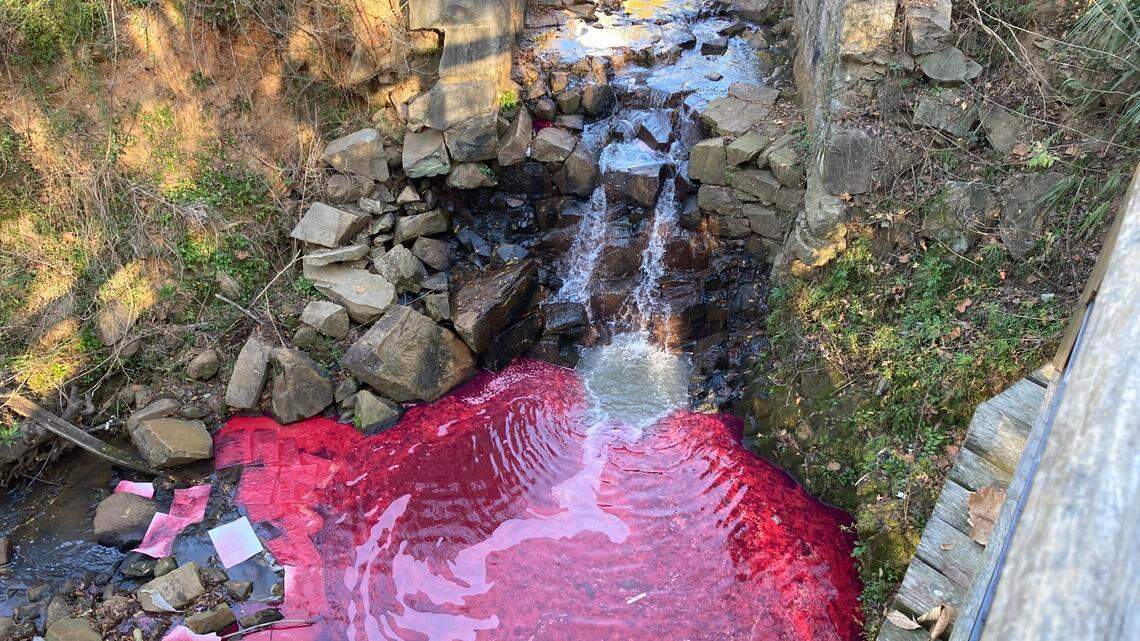 Diesel fuel turned a creek red in downtown Columbia in early December 2021. This is what the tributary of the Congaree River looked like after the diesel spill. The tributary is just below the Gervais Street bridge.