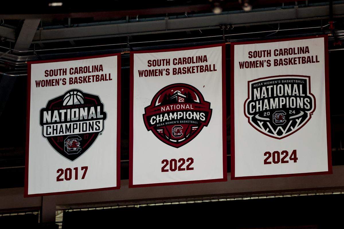 The National Championship banner is unveiled during the Gamecocks home opener against Coppin State in the Colonial Life Arena on Thursday, Nov. 14, 2024