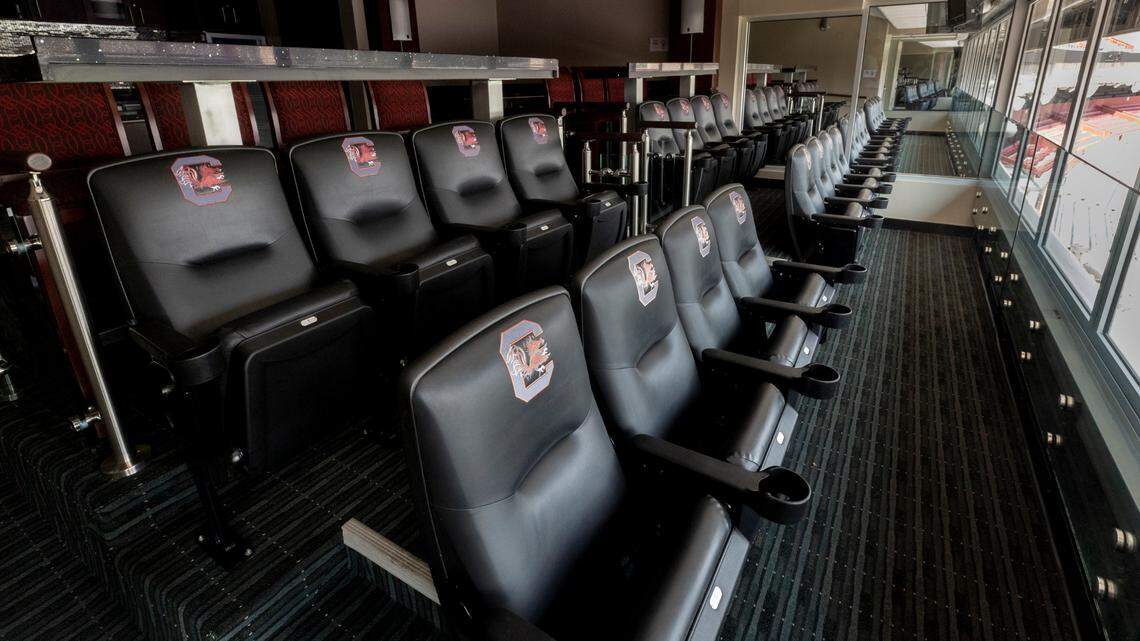 The 18 suites at Williams-Brice Stadium have eight bar seats and 16 padded stadium seats for watching the game. The waiting list for a suite is more than 120 people long. One has not come available since 2016.