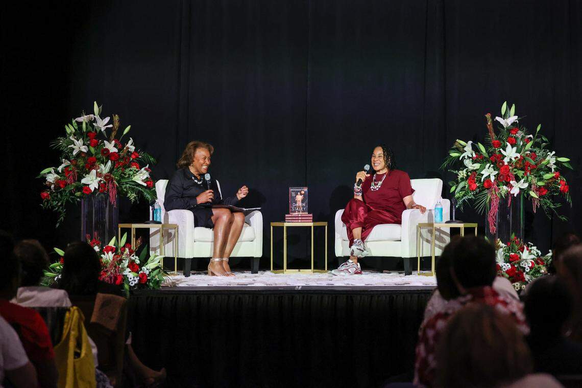 University of South Carolina Head Coach Dawn Staley talks about her book, Uncommon Favor, during a book tour stop in Columbia on Thursday, May 29, 2025, at the R2i2 Conference Center. Judge J. Michelle Childs, U.S. Court of Appeals for the District of Columbia, moderated the discussion.