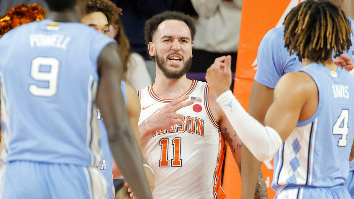 Clemson guard Jaeden Zackery (11) looks at North Carolina guard RJ Davis (4) after scoring a basket during first-half action in Clemson, S.C. on Monday, Feb. 10, 2025.