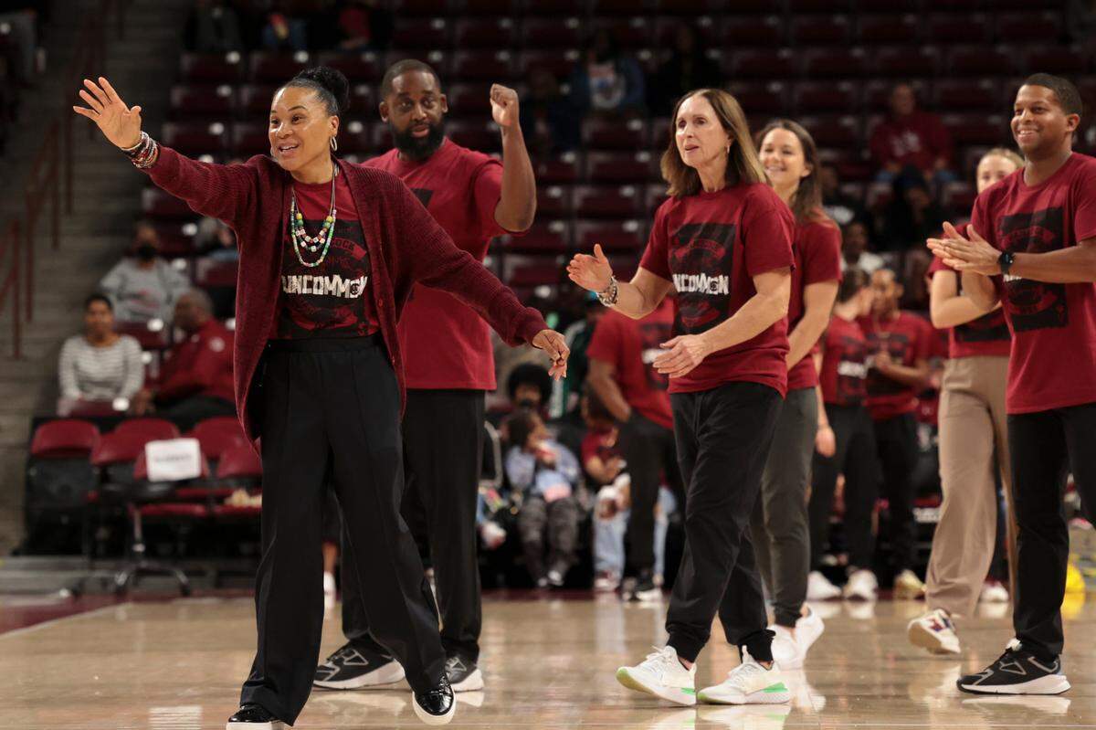 University of South Carolina Head Coach Dawn Staley encourages the team before an exhibition game against Clayton State in the Colonial Life Arena on Monday, Oct. 28, 2024.