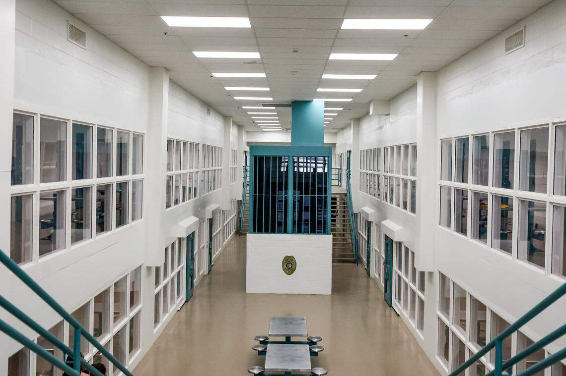 A pod-style dormitory at Alvin S. Glenn Detention Center in Columbia shows a two-story segregated guard post.