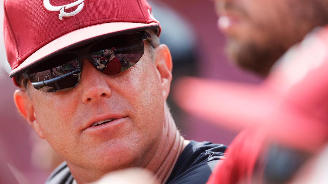 South Carolina’s head baseball coach Mark Kingston speaks to his team during practice at Founders Park on Thursday, June 1, 2023.