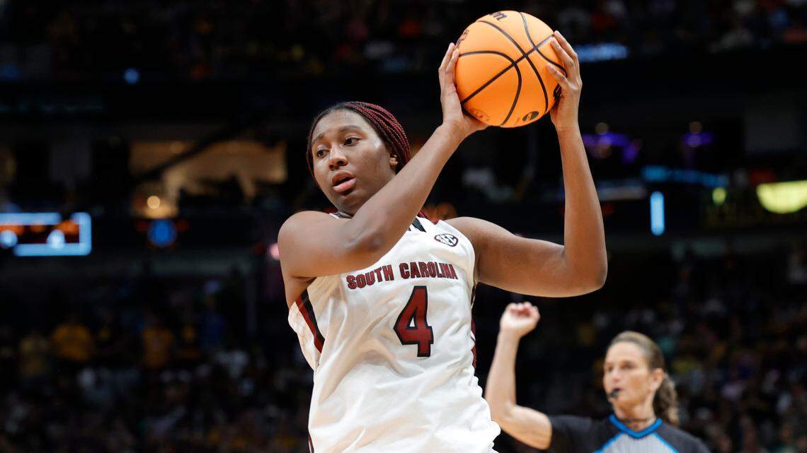 South Carolina Gamecocks forward Aliyah Boston (4) plays Iowa in the NCAA Tournament Final Four game at the American Airline Center on Friday, March 31, 2023.