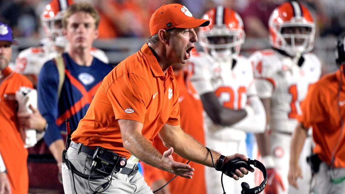 Oct 5, 2024; Tallahassee, Florida, USA; Clemson Tigers head coach Dabo Swinney reacts during the second half against the Florida State Seminoles at Doak S. Campbell Stadium.