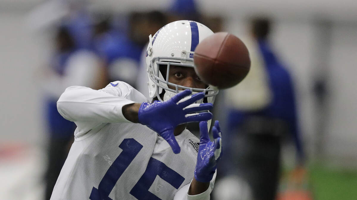 Indianapolis Colts wide receiver Dontrelle Inman makes a catch during practice at the NFL team’s facility, Wednesday, Jan. 2, 2019, in Indianapolis. The Colts will play the Houston Texans in an NFL wildcard playoff game on Saturday.