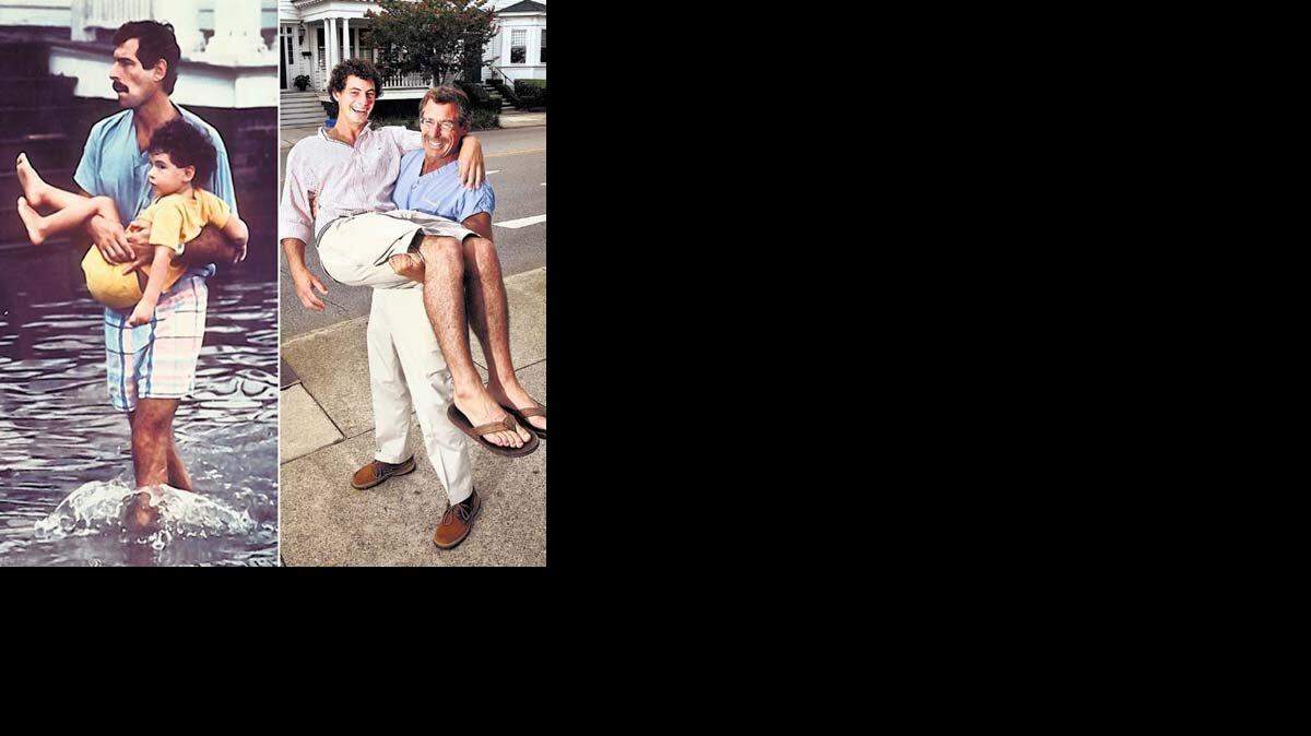 At left, Dr. Vic Weinstein carries his then-3-year-old son, Jeff, along a flooded Charleston street along Colonial Lake on the morning Hurricane Hugo struck South Carolina in 1989. At right, he picks up his now-23-year-old son as they re-enact the photograph.