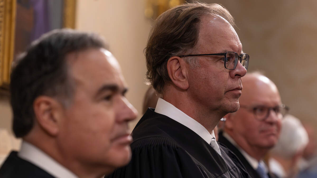 South Carolina Supreme Court Justices, from left, Chief Justice John Kittredge, Justice John Few, and Justice D. Garrison Hill attend the State of the State address during a joint session of the legislative delegation on Wednesday Jan. 29, 2025.