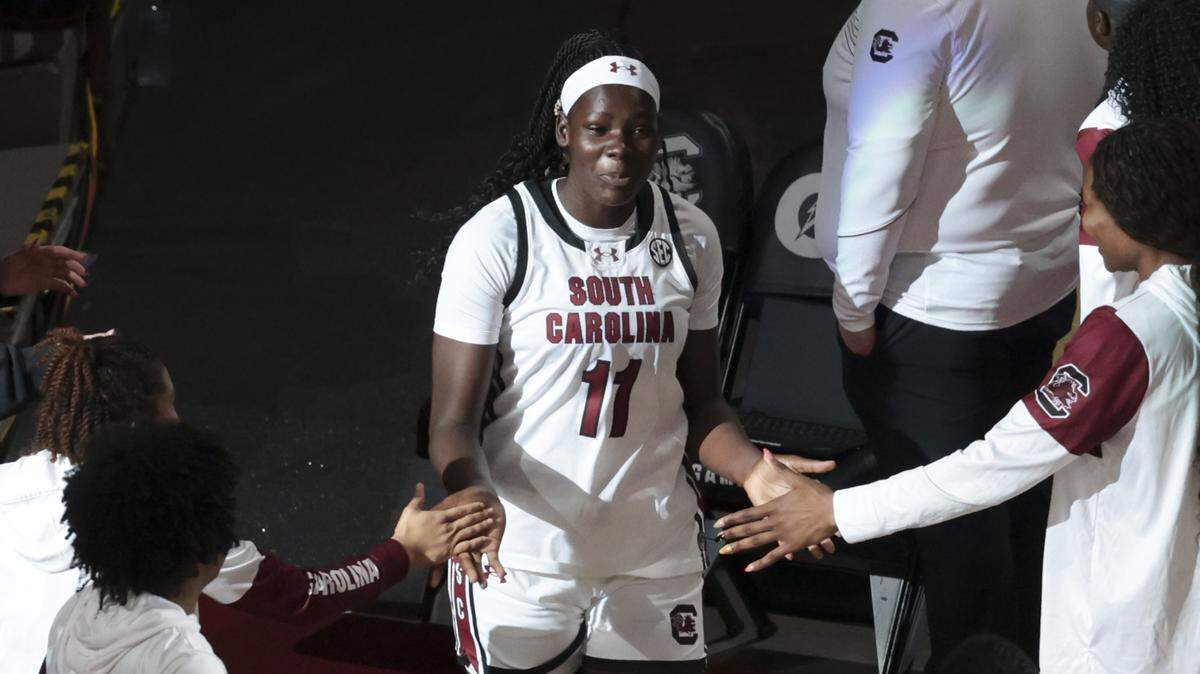 South Carolina's Madina Okot (11) is introduced before their women's basketball game against Providence at Colonial Life Arena on Sunday, Dec. 28, 2025.