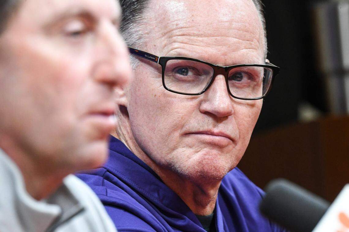Clemson Head Coach Dabo Swinney introduces newly hired football defensive coordinator Tom Allen, formerly at Penn State University, in the Smart Family Media Center at Clemson University in Clemson, S.C. Wednesday, January 15, 2024.