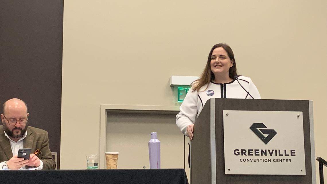 Adair Ford Boroughs, a Democrat running in the 2nd Congressional District, speaks at the Spratt Issues Conference in Greenville on Saturday, Dec. 14, 2019.