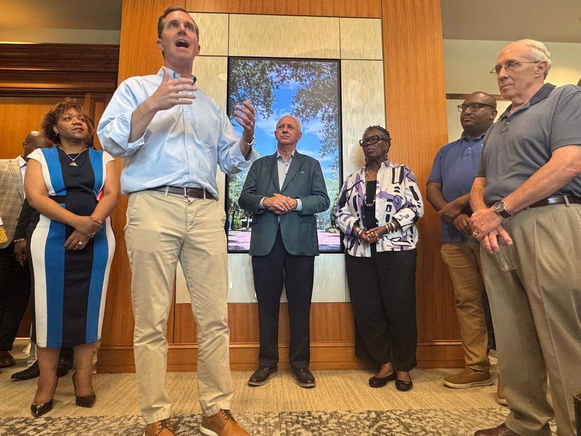 Kentuck Gov. Andy Beshear speaks at a Democratic Party gathering at the University of South Carolina Alumni Center in Columbia on Wednesday, July 16, 2025, as part of a two-day swing in South Carolina. Beshear was introduced by state Sen.  Tameika Isaac Devine, D-Richland, and former Gov. Jim Hodges, and was also joined by state Rep. Gilda Cobb-Hunter, D-Orangeburg.