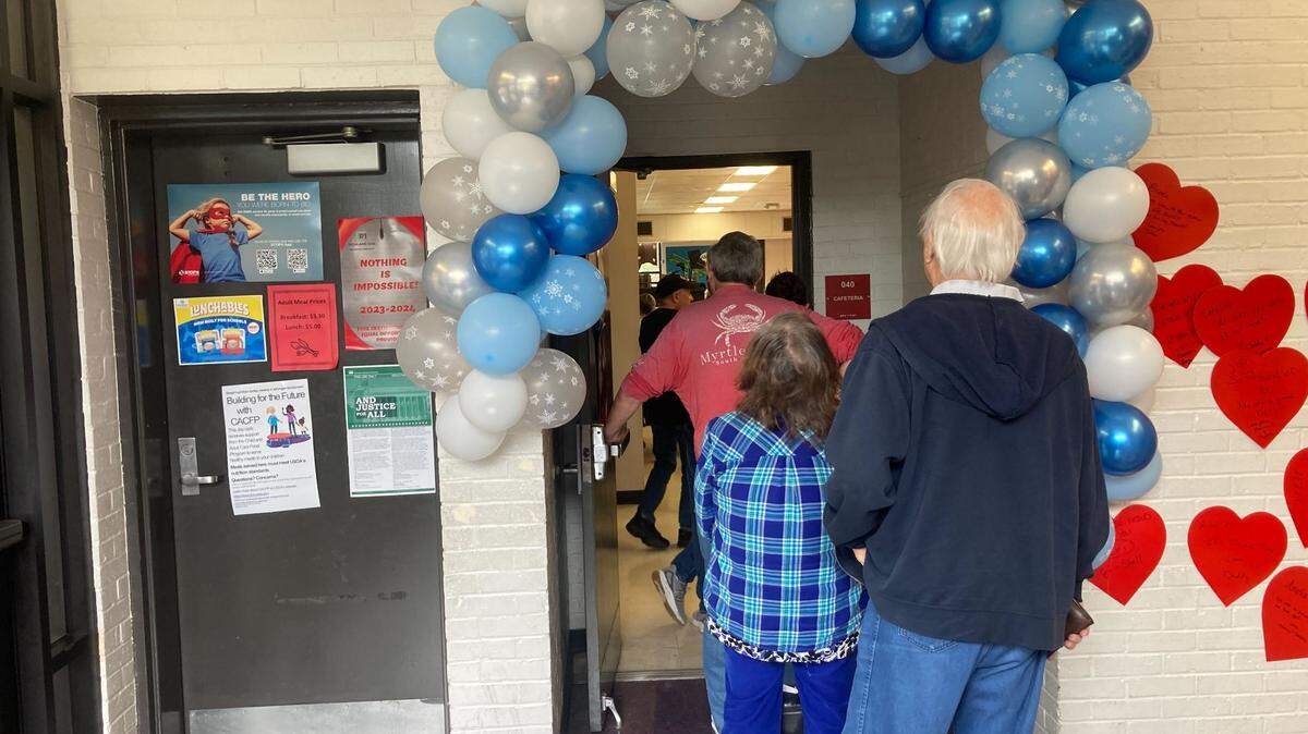 Voters wait to enter the balloting area at Satcher Ford Elementary School in Columbia on Saturday, Feb. 24, 2024. The South Carolina Republican primary between former President Donald Trump and former S.C. Gov. Nikki Haley will be decided.