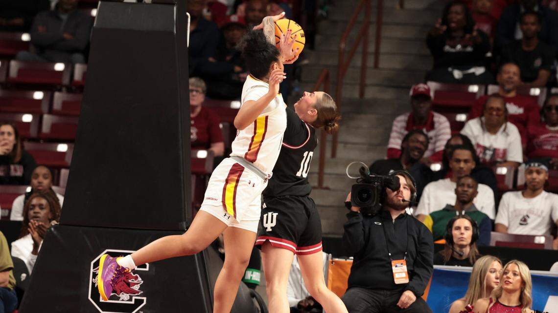 University of South Carolina’s Te-Hina Paopao (0) blocks a shot by Indiana University’s Shay Ciezki (10) during the first half of action in the Second Round game of the NCAA Tournament at the Colonial Life Arena on Sunday, March 23, 2025.