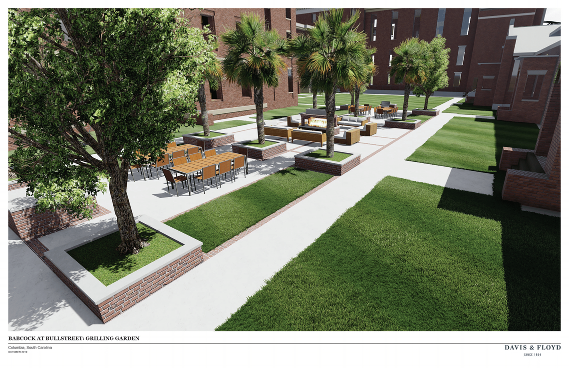 A rendering of an outdoor area at the Babcock Building apartments at the BullStreet District in Columbia SC.