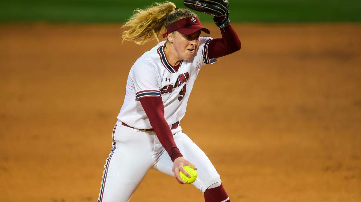 South Carolina Gamecocks Sam Gress (9) pitches against the Virginia Cavaliers at Carolina Softball Stadium in Columbia, SC, 2/6/25.