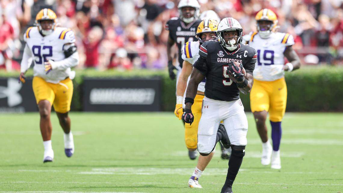South Carolina running back Raheim Sanders (5) runs the ball for a touchdown during the second half of South Carolina’s game against LSU in Columbia on Saturday, September 14, 2024.
