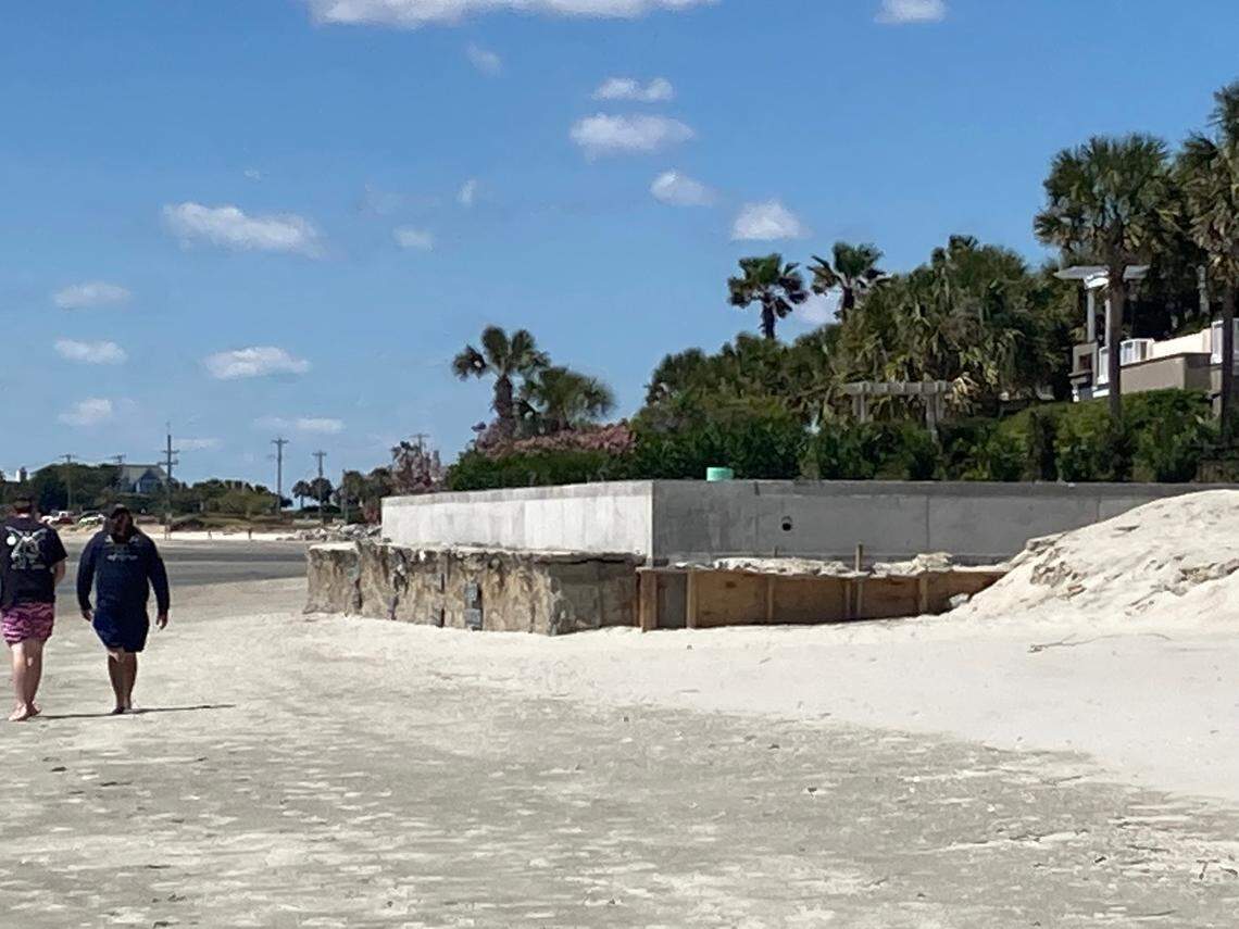 This seawall at the Isle of Palms is part of the ongoing debate over the rights of oceanfront property owners versus protection of the public beach. (Photo from April 2024)