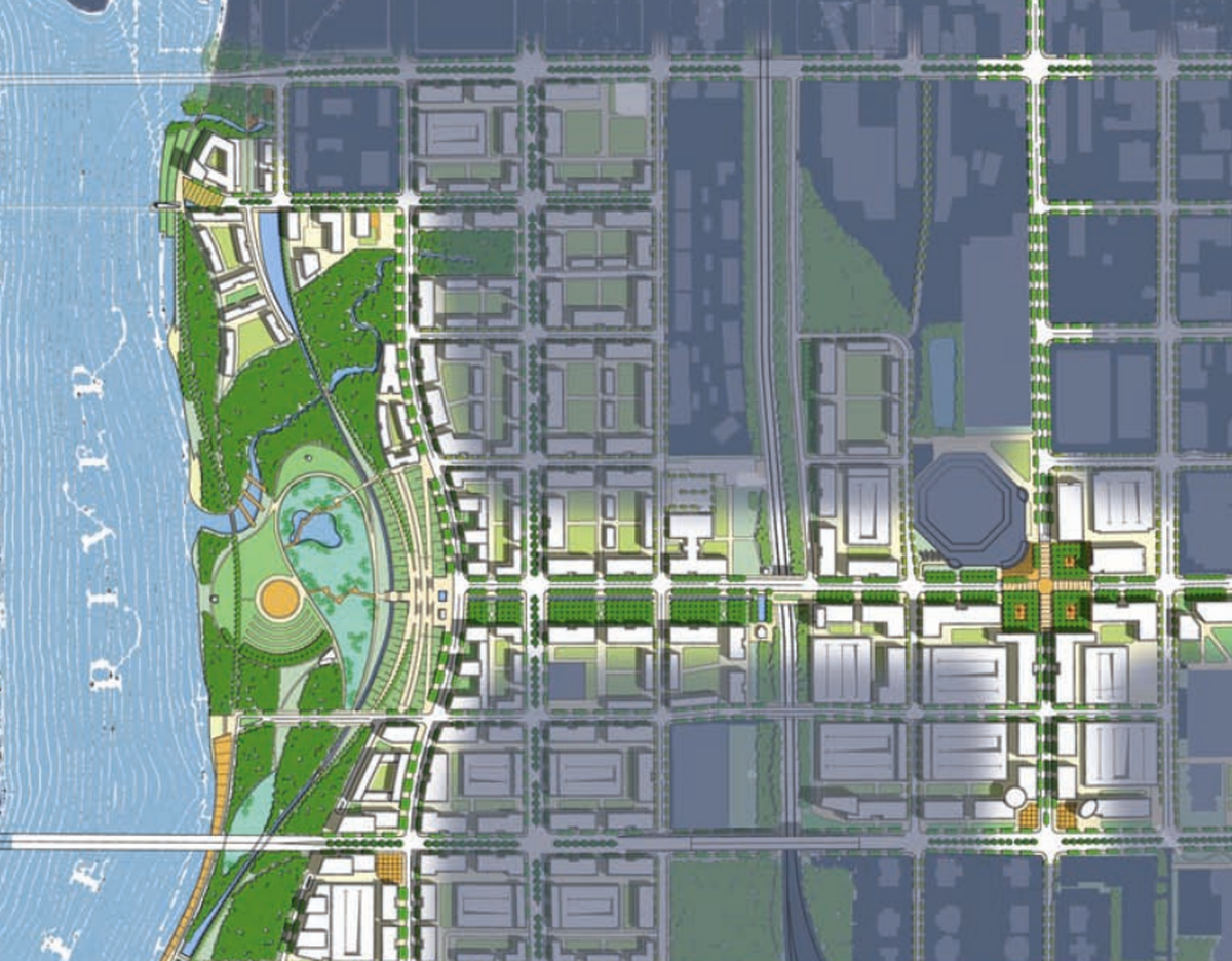 A rendering of an aerial map of Columbia's Greene Street after the completion of a would-be waterfront park on the Congaree River. 