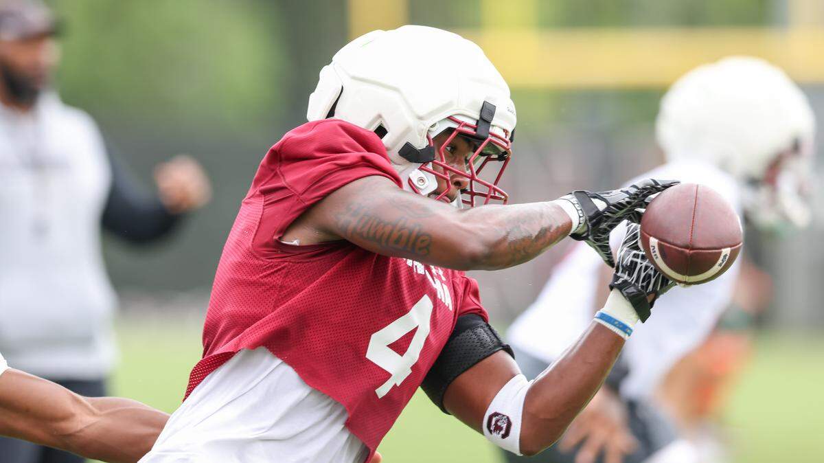 South Carolina tight end Michael Smith (4) runs drills during practice in Columbia on Saturday, August 2, 2025.