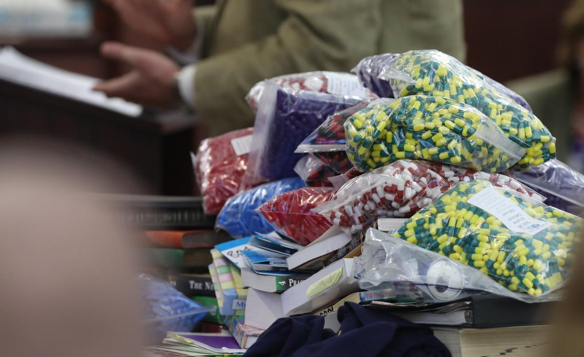 During his closing statements, defense attorney Boyd Jones stacked up packages of pill capsules to illustrate the quantity of anti-psychotic drugs dispensed to Tim Jones while he was in jail, during the trial of Tim Jones in Lexington. Timothy Jones, Jr. is accused of killing his 5 young children in 2014. Jones, who faces the death penalty, has pleaded not guilty by reason of insanity. 6/3/19