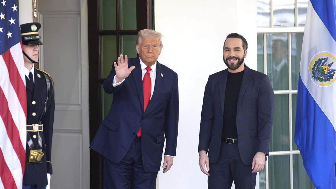 U.S. President Donald Trump welcomes President Nayib Bukele of El Salvador to the White House in Washington, D.C., on Monday, April 14, 2025. (Yuri Gripas/Abaca Press/TNS)