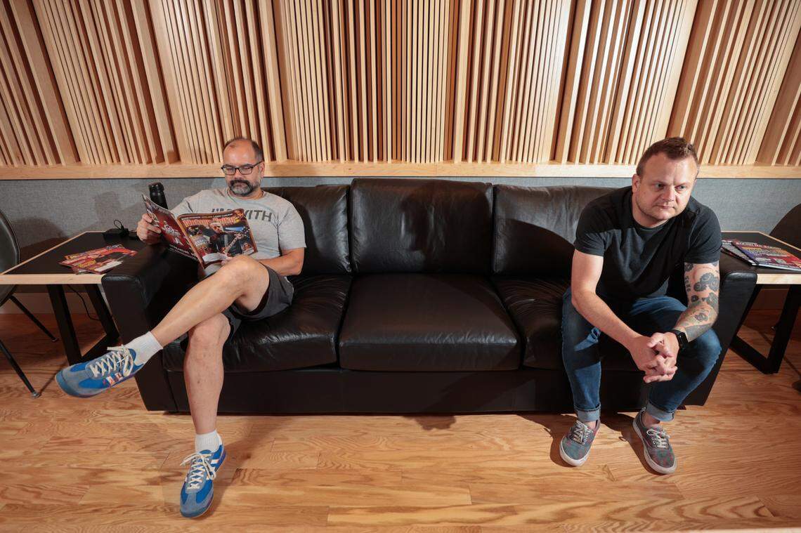 Philippe Herndon, left, and Kenny McWilliams pose for a portrait in Archer Avenue Studio at River Drive Creative in Columbia on Wednesday, June 18, 2025. Herndon and McWilliams partnered to renovate a building on River Drive to house their music businesses.