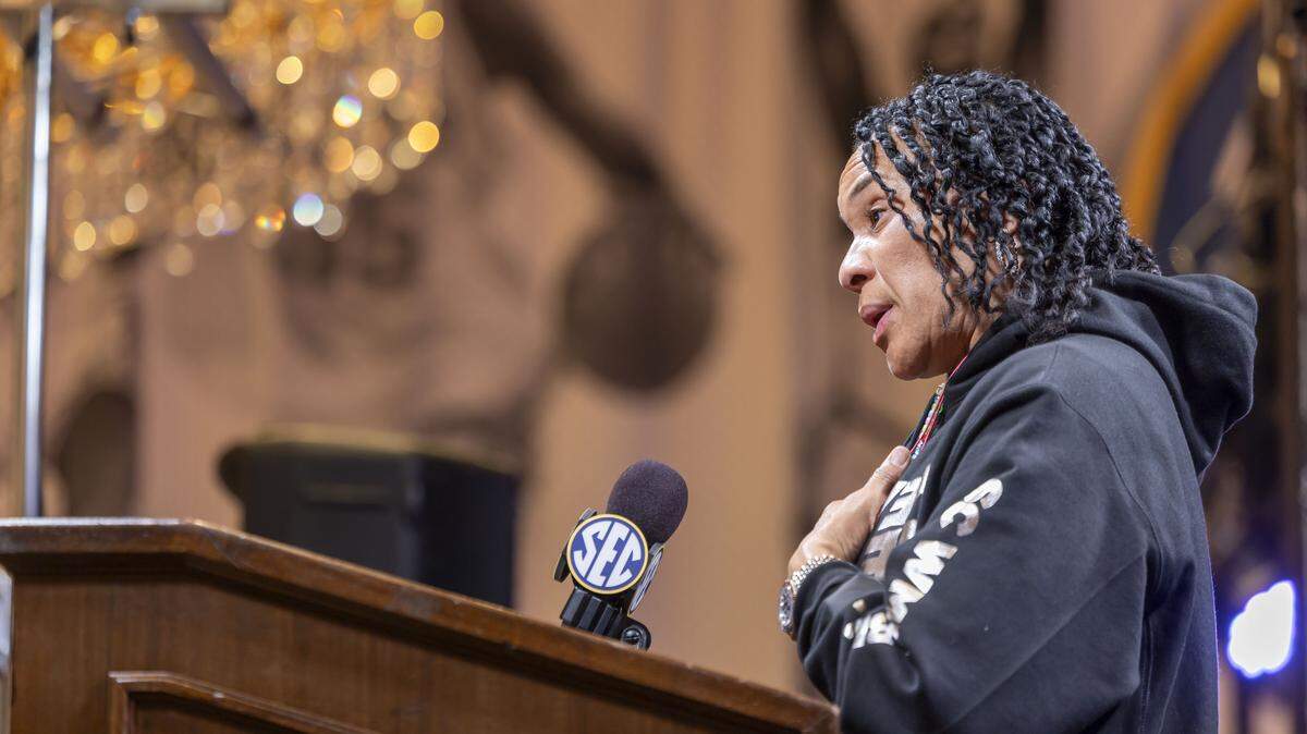 Oct 14, 2025; Birmingham, AL, USA; South Carolina Gamecocks head coach Dawn Staley talks with the media during SEC Media Days at Grand Bohemian Hotel.