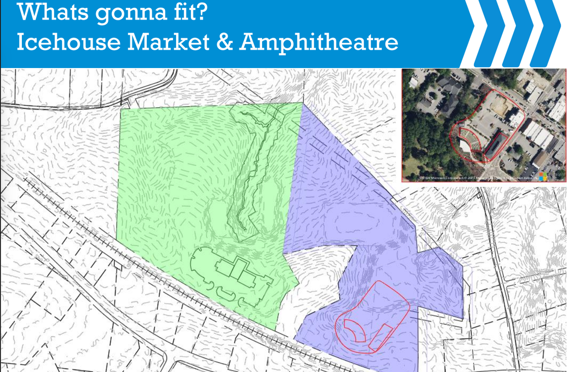 Lexington’s Icehouse Amphitheater superimposed on the site of the old Chapin High School.