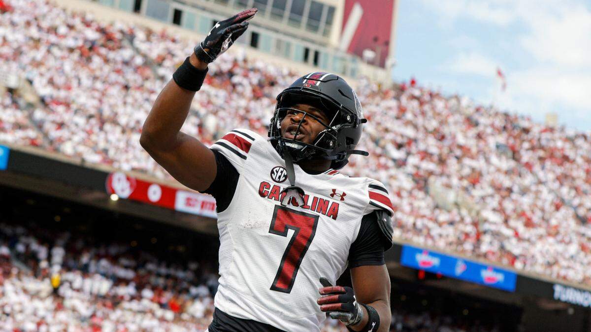 South Carolina’s Nick Emmanwori celebrates after returning an interception for a touchdown in the first quarter against Oklahoma, Saturday, Oct. 19, 2024, at Gaylord Family - Oklahoma Memorial Stadium in Norman, Okla.