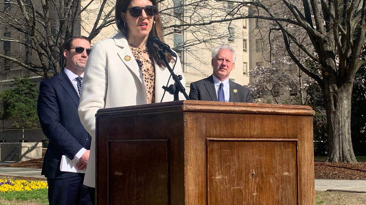 State Rep. Heather Bauer, D-Richland, speaks on Tuesday, Feb. 7, 2023, about a bipartisan push with state Rep. Bobby Cox, R-Greenville, to ban TikTok from state-issued devices.