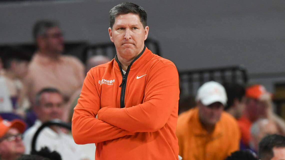 Clemson Head Coach Brad Brownell watches his team play Virginia Tech during the first half at Littlejohn Coliseum in Clemson, S.C Saturday, March 8, 2025