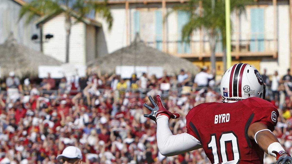 South Carolina Gamecocks wide receiver Damiere Byrd celebrates his touchdown catch in the first quarter of the Outback Bowl at Raymond James Stadium.
