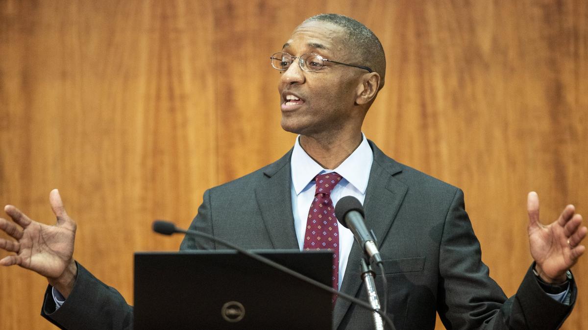 Dr. William F. Tate IV, Dean of the Graduate School and Vice Provost for Graduate Education at Washington University in St. Louis, addresses faculty, students and alumni during a forum inside Ernest F. Hollings Library at UofSC Tuesday April 23, 2019, in Columbia, SC.