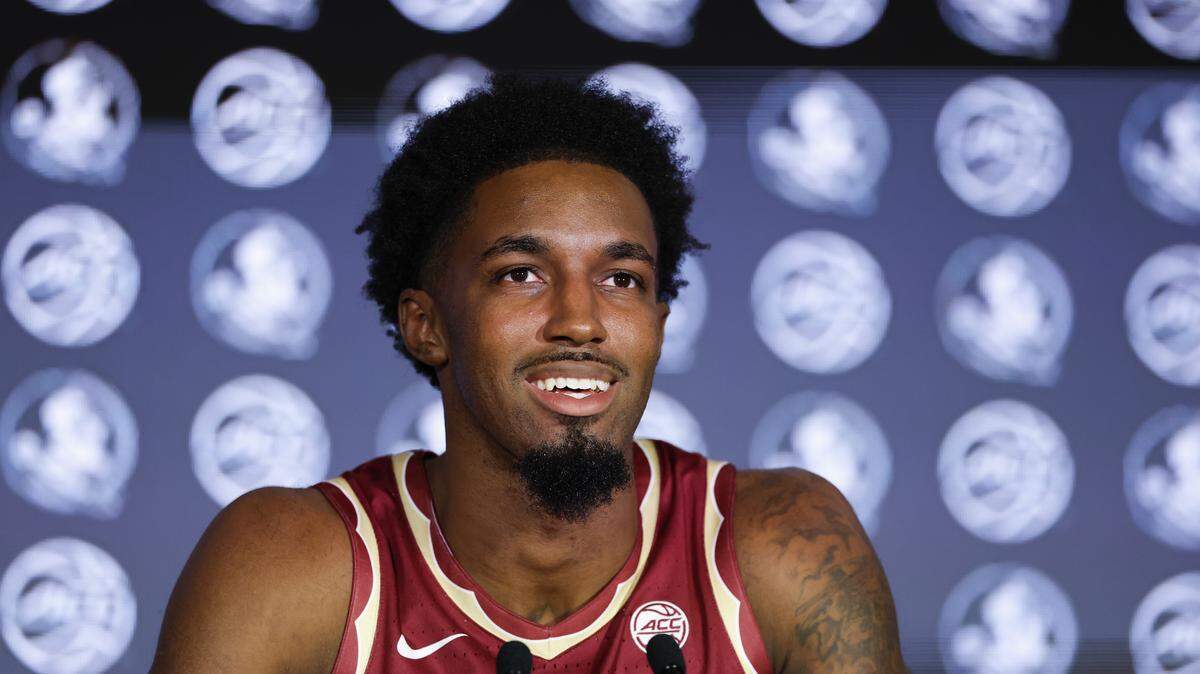 Florida State forward Chauncey Wiggins at the 2025 ACC Men’s Basketball Tipoff in Charlotte, N.C., on Wednesday, Oct. 8, 2025.