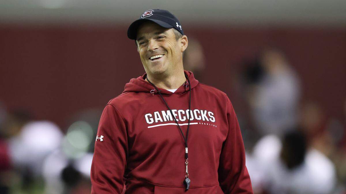 South Carolina head coach Shane Beamer looks on during a 2026 spring practice in Columbia.