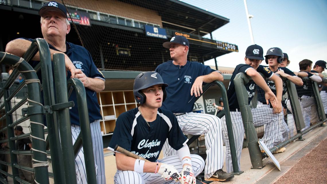 Members of the Chapin/Newberry team prepare for the first pitch during the American Legion state championships at Spirit Communications Park on July 25, 2018, in Columbia, S.C. It is the first time that the event has been held at new minor league baseball stadium.