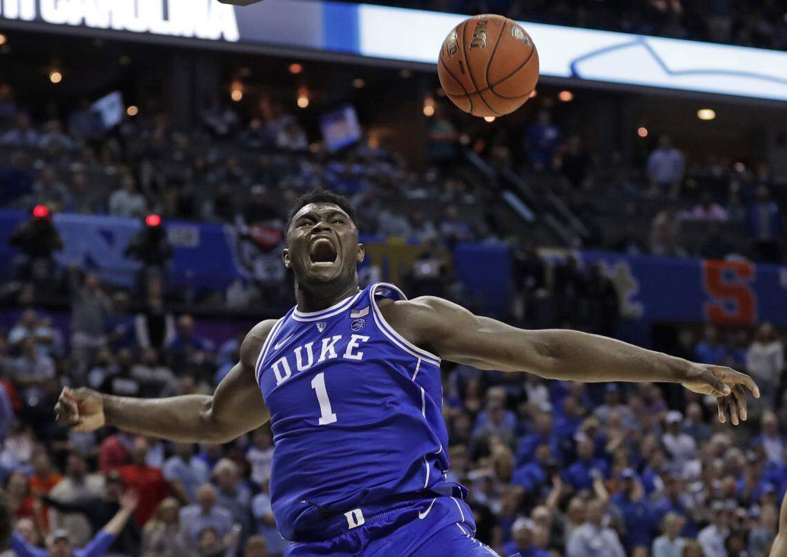 Duke’s Zion Williamson (1) reacts after a dunk in the ACC tournament last weekend in Charlotte, where he led the Blue Deviles to the title. Williamson at one point seriously considered going to Wofford for college.