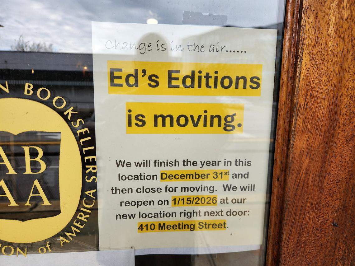 A note on the door says that Ed’s Editions bookstore will be moving in January from 406 Meeting St. to 410 Meeting St. in West Columbia.