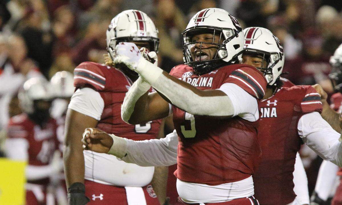 South Carolina’s defensive end Jordan Burch (3) celebrates as the Gamecocks dominate Florida on Saturday, Nov, 6, 2021 at Williams-Brice Stadium.