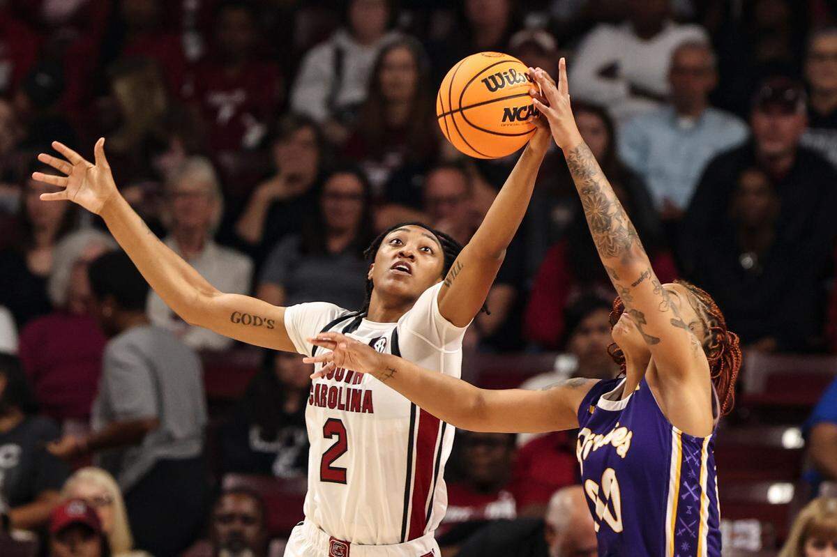 University of South Carolina forward Ashlyn Watkins (2) snags the ball from East Carolina University forward Amiya Joyner (23) during the first half of action in the Colonial Life Arena on Sunday, Nov. 17, 2024