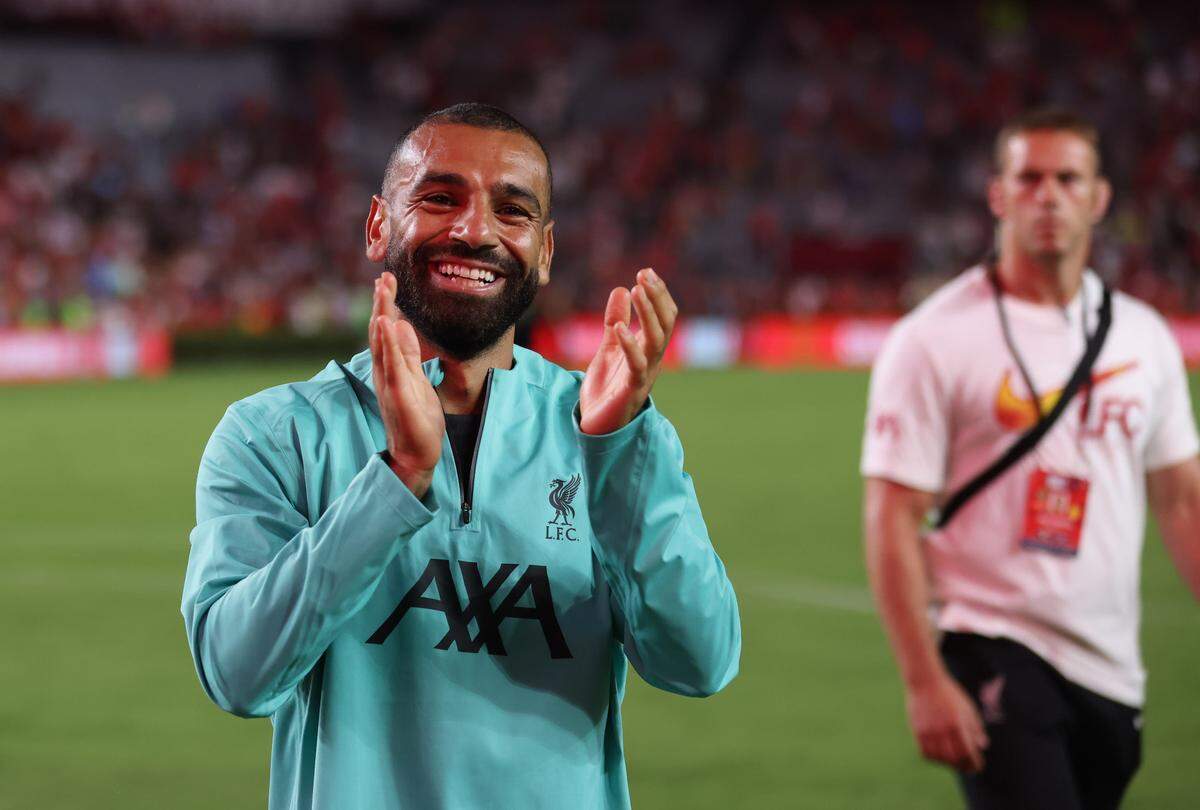 Liverpool forward Mohamed Salah (11) acknowledges fans following the Rivals in Red International Friendly soccer match between Manchester United and Liverpool in Columbia on Saturday, August 3, 2024.