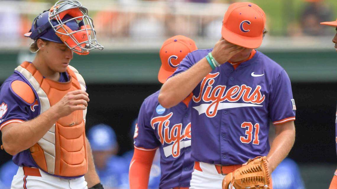 Clemson sophomore Jacob McGovern (31) reacts as he finishes pitching against University of Kentucky during the bottom of the fourth inning at the NCAA baseball Clemson Regional at Doug Kingsmore Stadium in Clemson, S.C. Sunday, June 1, 2025.