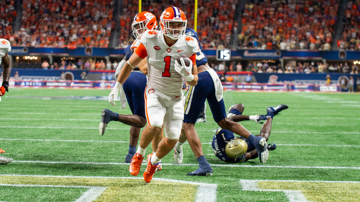 Clemson running back Will Shipley (1) rushes for a touchdown in the first half of an NCAA college football game against Georgia Tech, Monday, Sept. 5, 2022, in Atlanta.