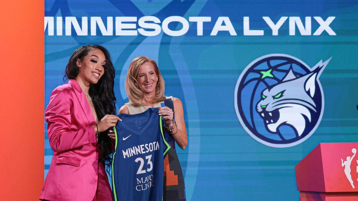 Brea Beal poses for a photo with WNBA Commissioner Cathy Engelbert after being drafted twenty-fourth overall by the Minnesota Lynx during WNBA Draft 2023 at Spring Studio.